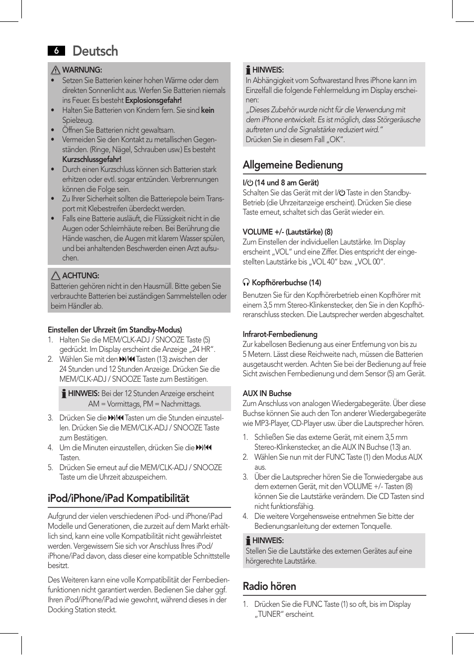 Deutsch, Ipod/iphone/ipad kompatibilität, Allgemeine bedienung | Radio hören | AEG IMS 4441 User Manual | Page 6 / 34