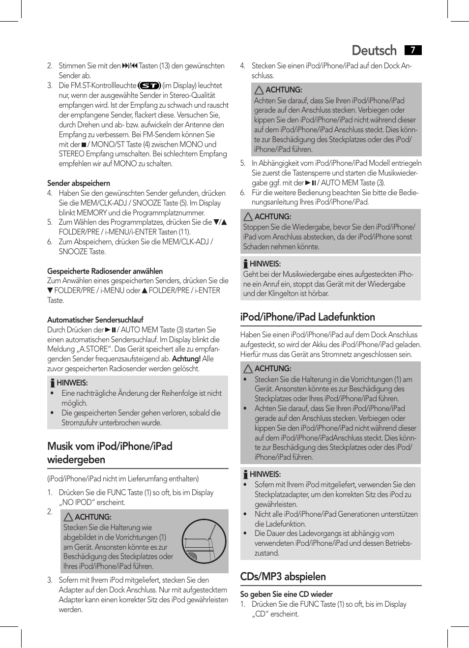 Deutsch, Musik vom ipod/iphone/ipad wiedergeben, Ipod/iphone/ipad ladefunktion | Cds/mp3 abspielen | AEG IMS 4441 User Manual | Page 7 / 34