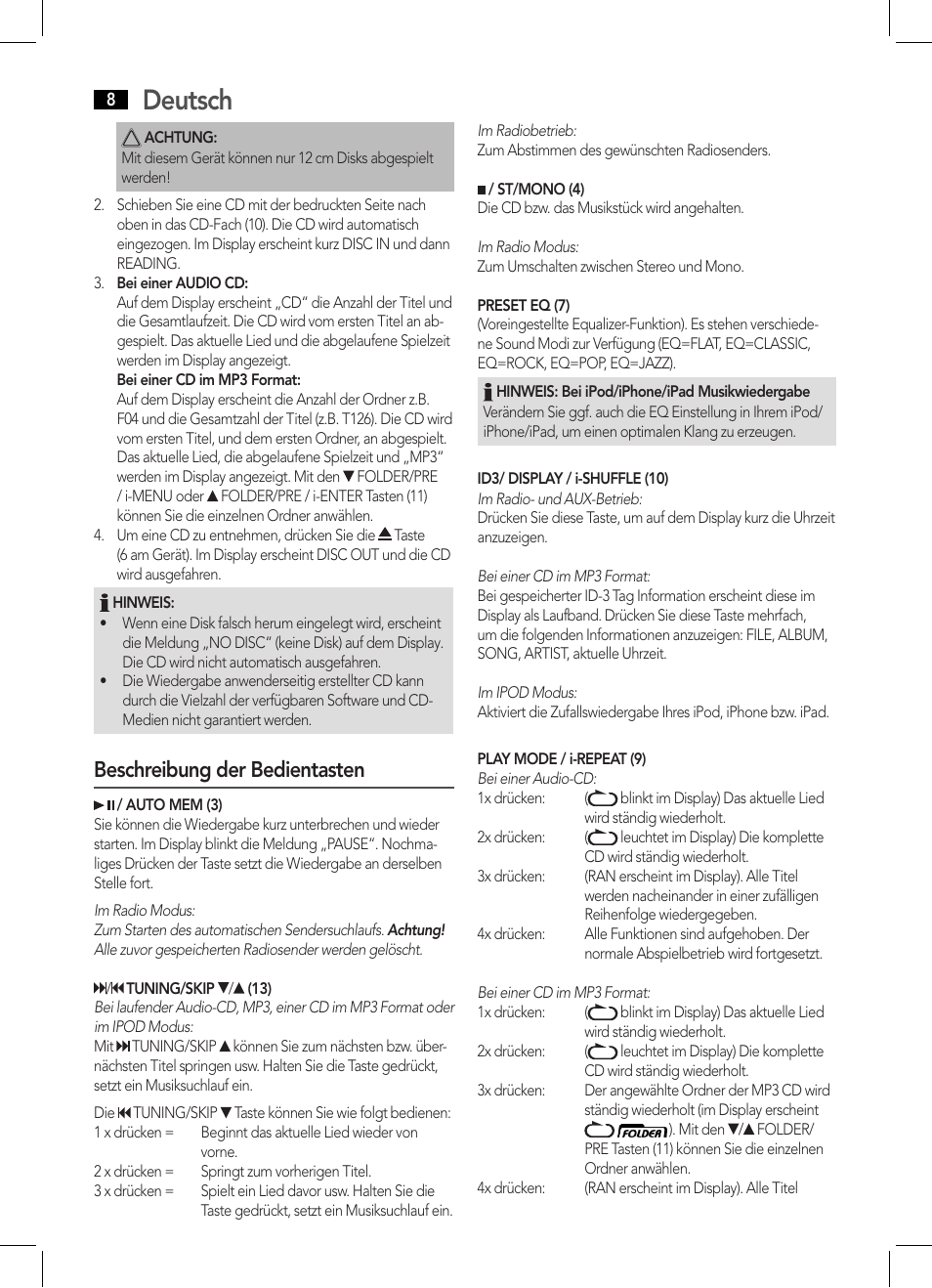 Deutsch, Beschreibung der bedientasten | AEG IMS 4441 User Manual | Page 8 / 34