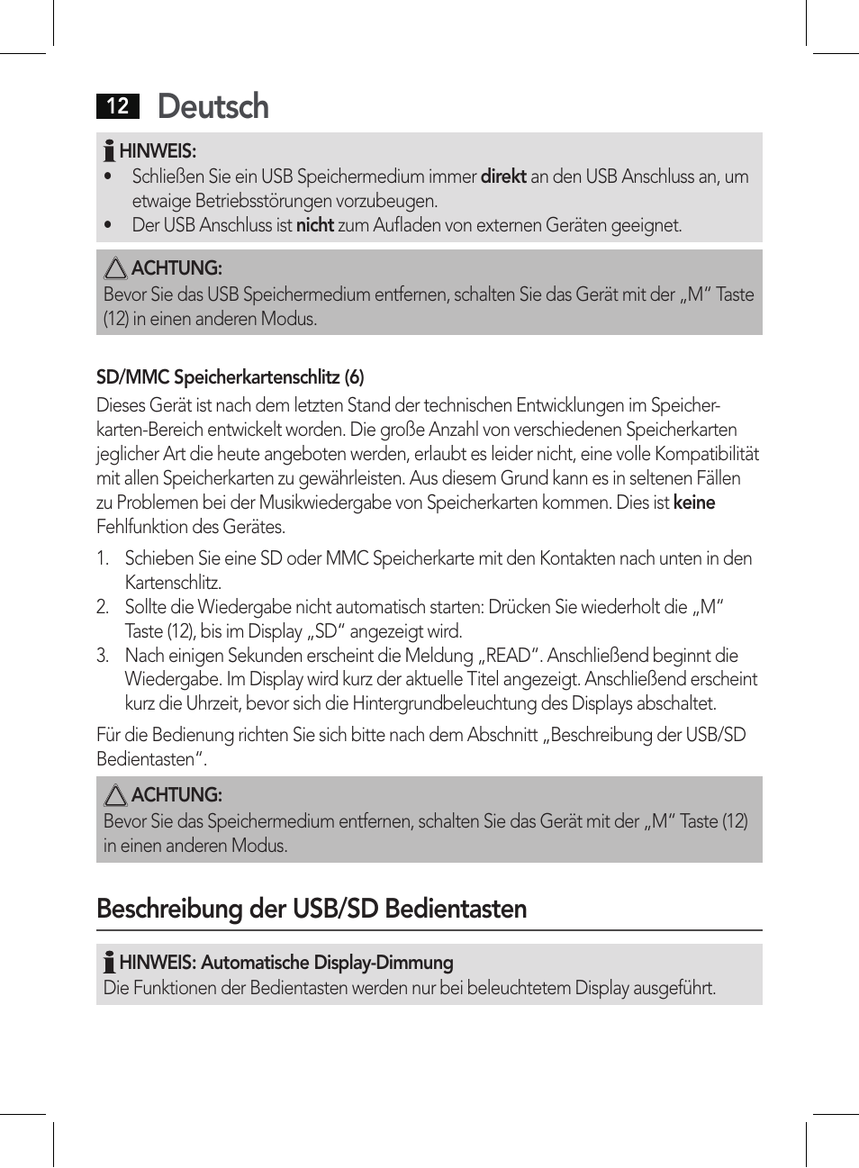Deutsch, Beschreibung der usb/sd bedientasten | AEG BSS 4807 User Manual | Page 12 / 86
