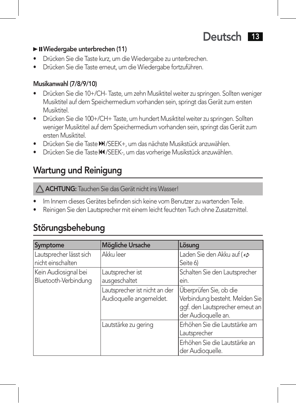 Deutsch, Wartung und reinigung, Störungsbehebung | AEG BSS 4807 User Manual | Page 13 / 86