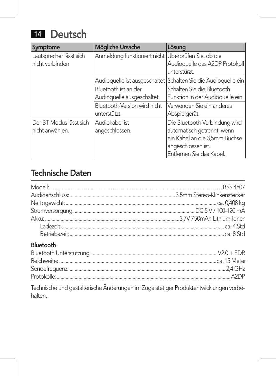 Deutsch, Technische daten | AEG BSS 4807 User Manual | Page 14 / 86