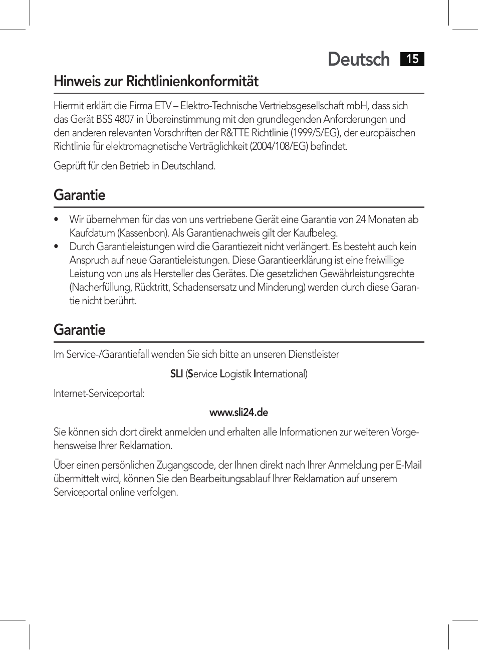 Deutsch, Hinweis zur richtlinienkonformität, Garantie | AEG BSS 4807 User Manual | Page 15 / 86