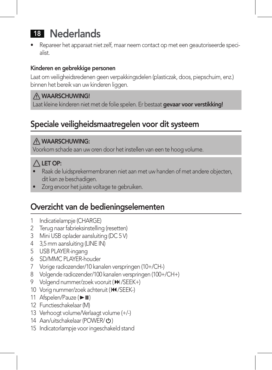 Nederlands, Speciale veiligheidsmaatregelen voor dit systeem, Overzicht van de bedieningselementen | AEG BSS 4807 User Manual | Page 18 / 86