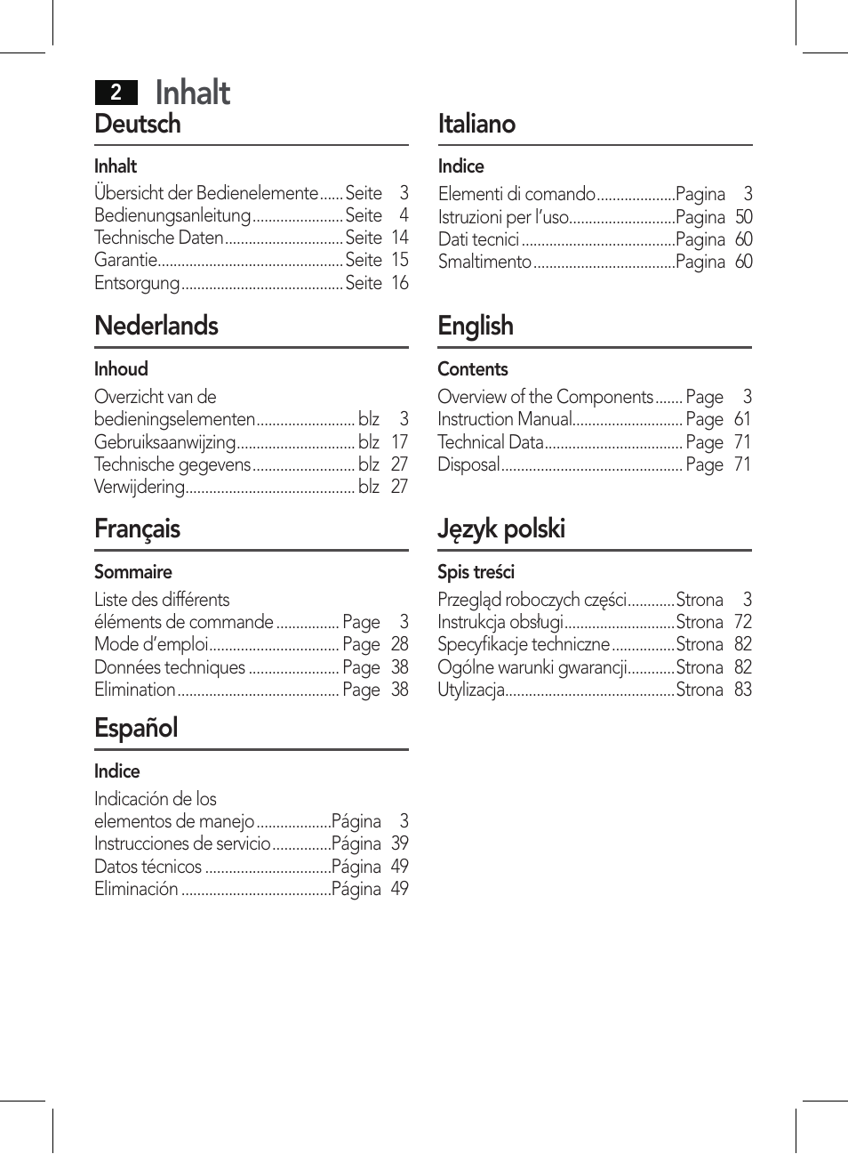 Inhalt, Deutsch, Nederlands | Français, Español, Italiano, English, Język polski | AEG BSS 4807 User Manual | Page 2 / 86