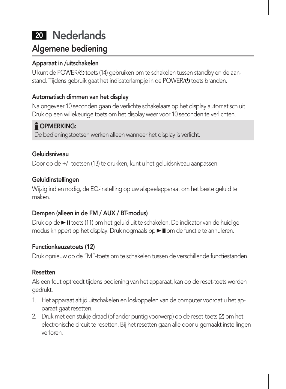 Nederlands, Algemene bediening | AEG BSS 4807 User Manual | Page 20 / 86