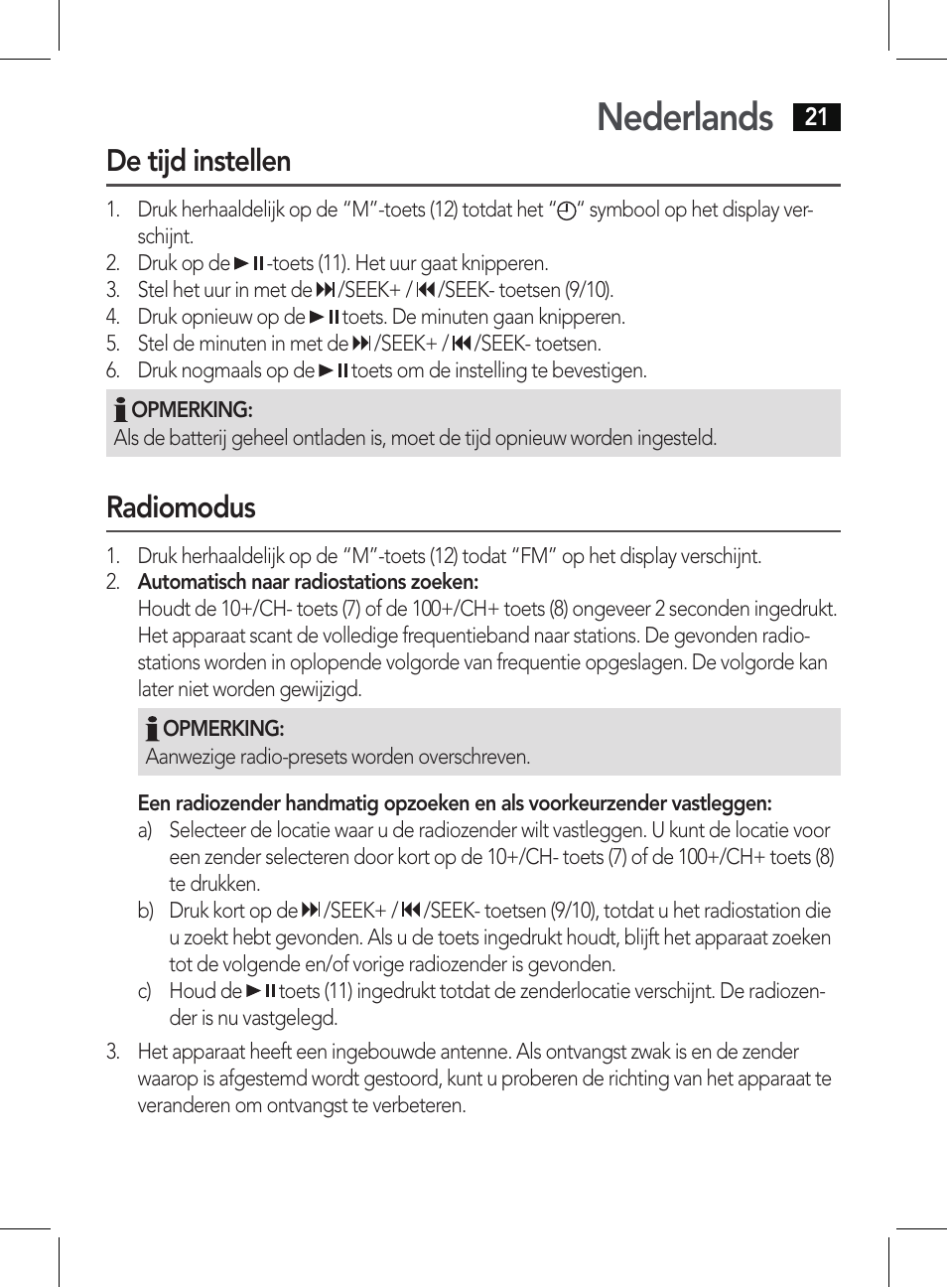 Nederlands, De tijd instellen, Radiomodus | AEG BSS 4807 User Manual | Page 21 / 86