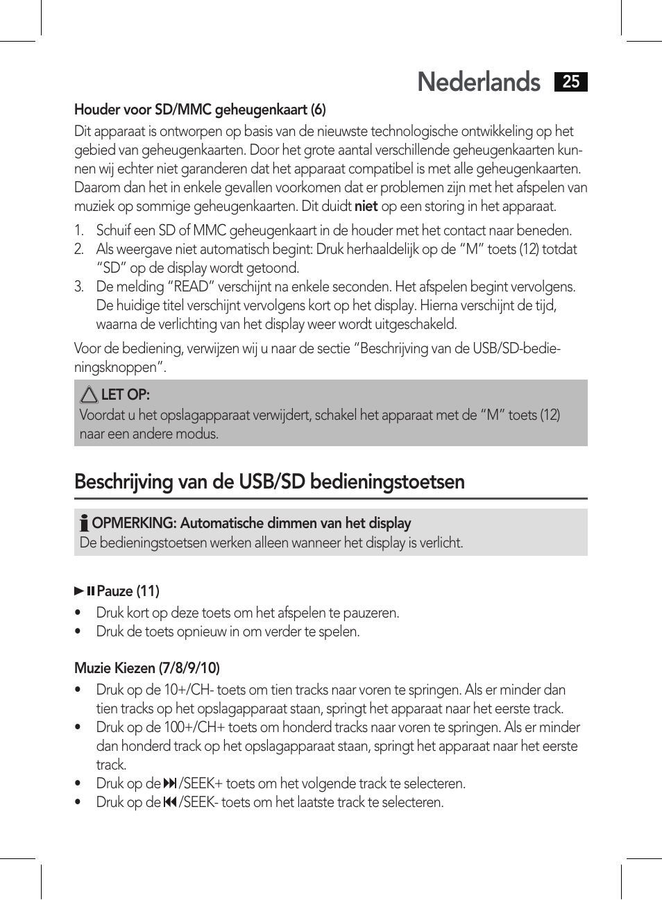 Nederlands, Beschrijving van de usb/sd bedieningstoetsen | AEG BSS 4807 User Manual | Page 25 / 86