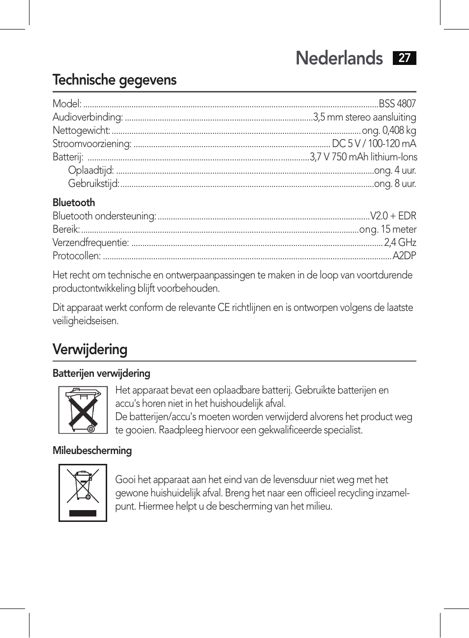 Nederlands, Technische gegevens, Verwijdering | AEG BSS 4807 User Manual | Page 27 / 86
