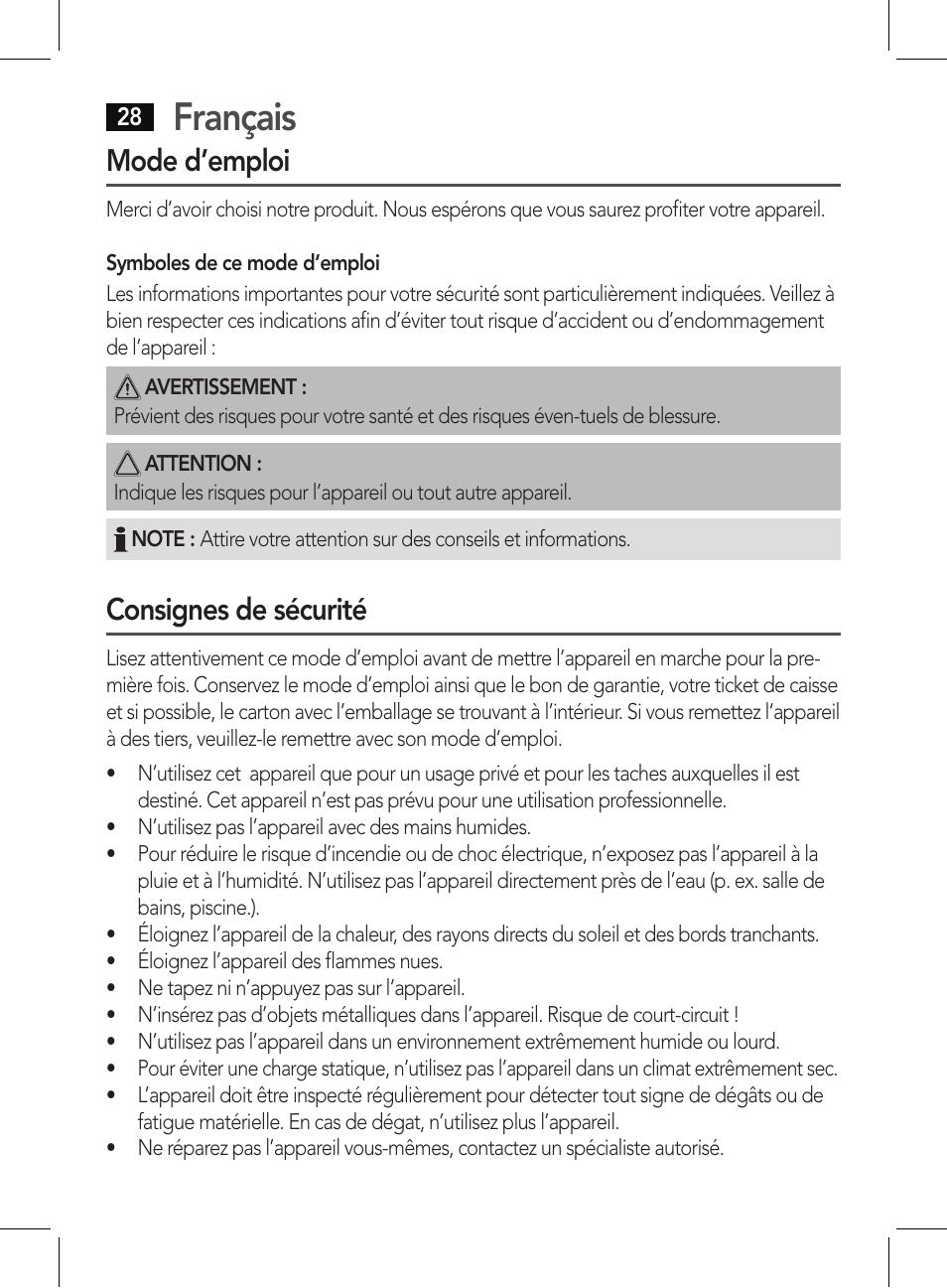 Français, Mode d’emploi, Consignes de sécurité | AEG BSS 4807 User Manual | Page 28 / 86