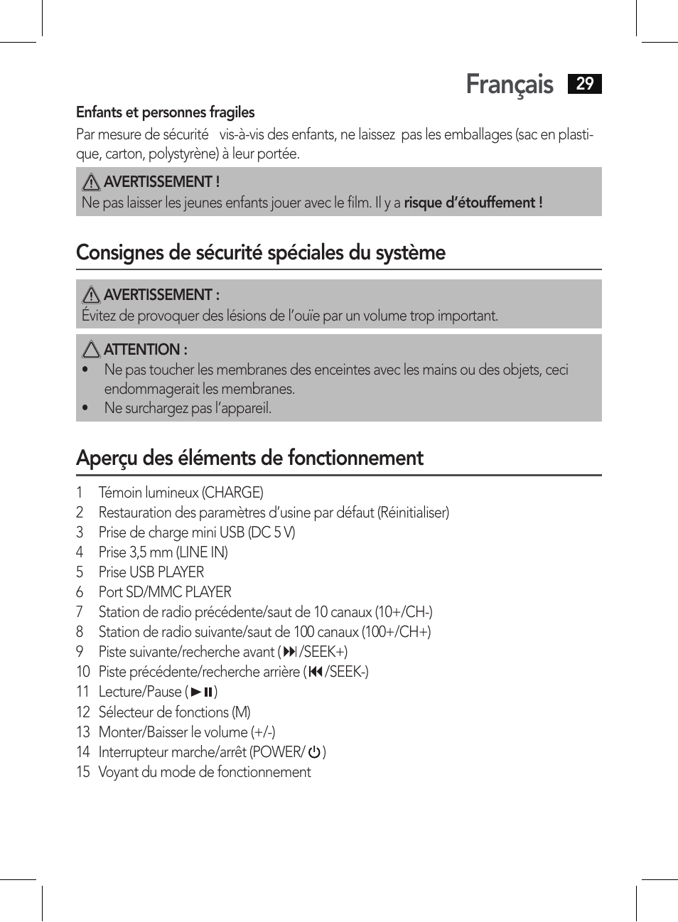 Français, Consignes de sécurité spéciales du système, Aperçu des éléments de fonctionnement | AEG BSS 4807 User Manual | Page 29 / 86