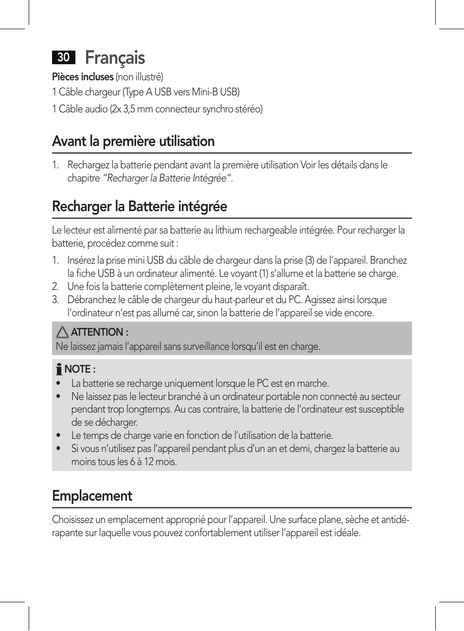 Français, Avant la première utilisation, Recharger la batterie intégrée | Emplacement | AEG BSS 4807 User Manual | Page 30 / 86