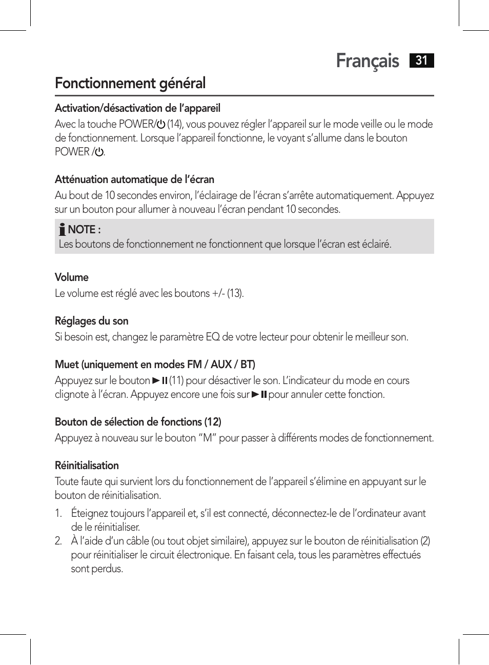 Français, Fonctionnement général | AEG BSS 4807 User Manual | Page 31 / 86