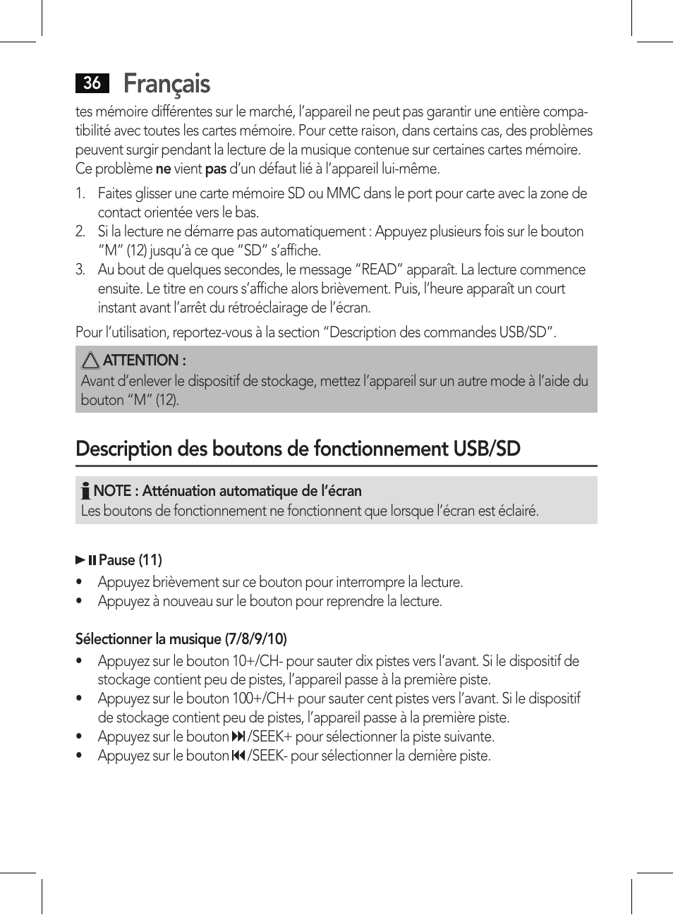 Français, Description des boutons de fonctionnement usb/sd | AEG BSS 4807 User Manual | Page 36 / 86
