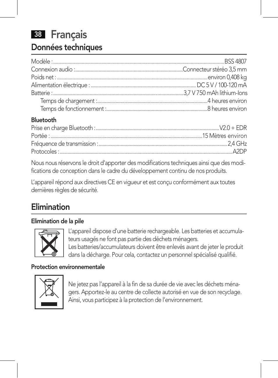 Français, Données techniques, Elimination | AEG BSS 4807 User Manual | Page 38 / 86