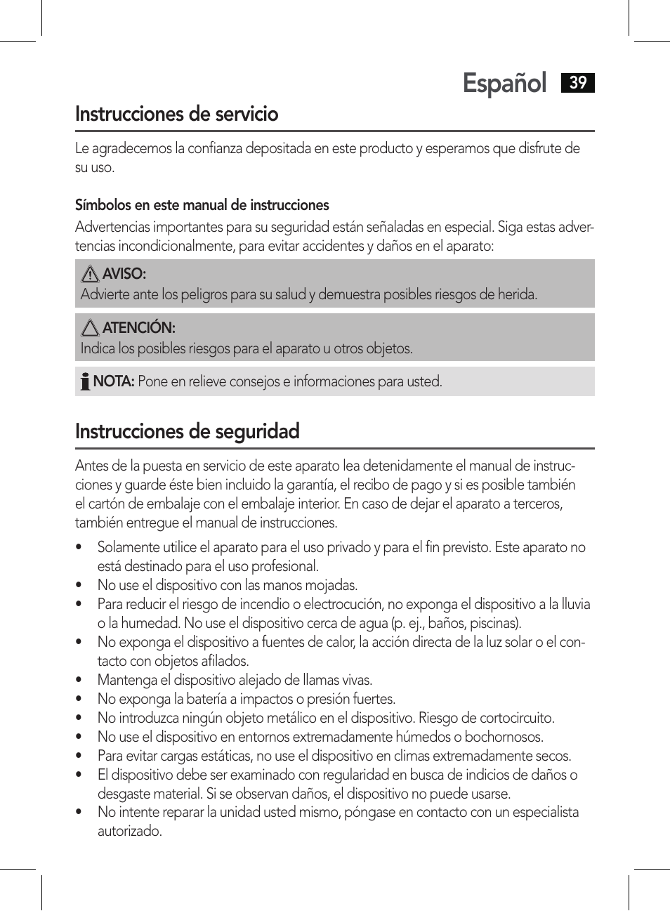 Español, Instrucciones de servicio, Instrucciones de seguridad | AEG BSS 4807 User Manual | Page 39 / 86