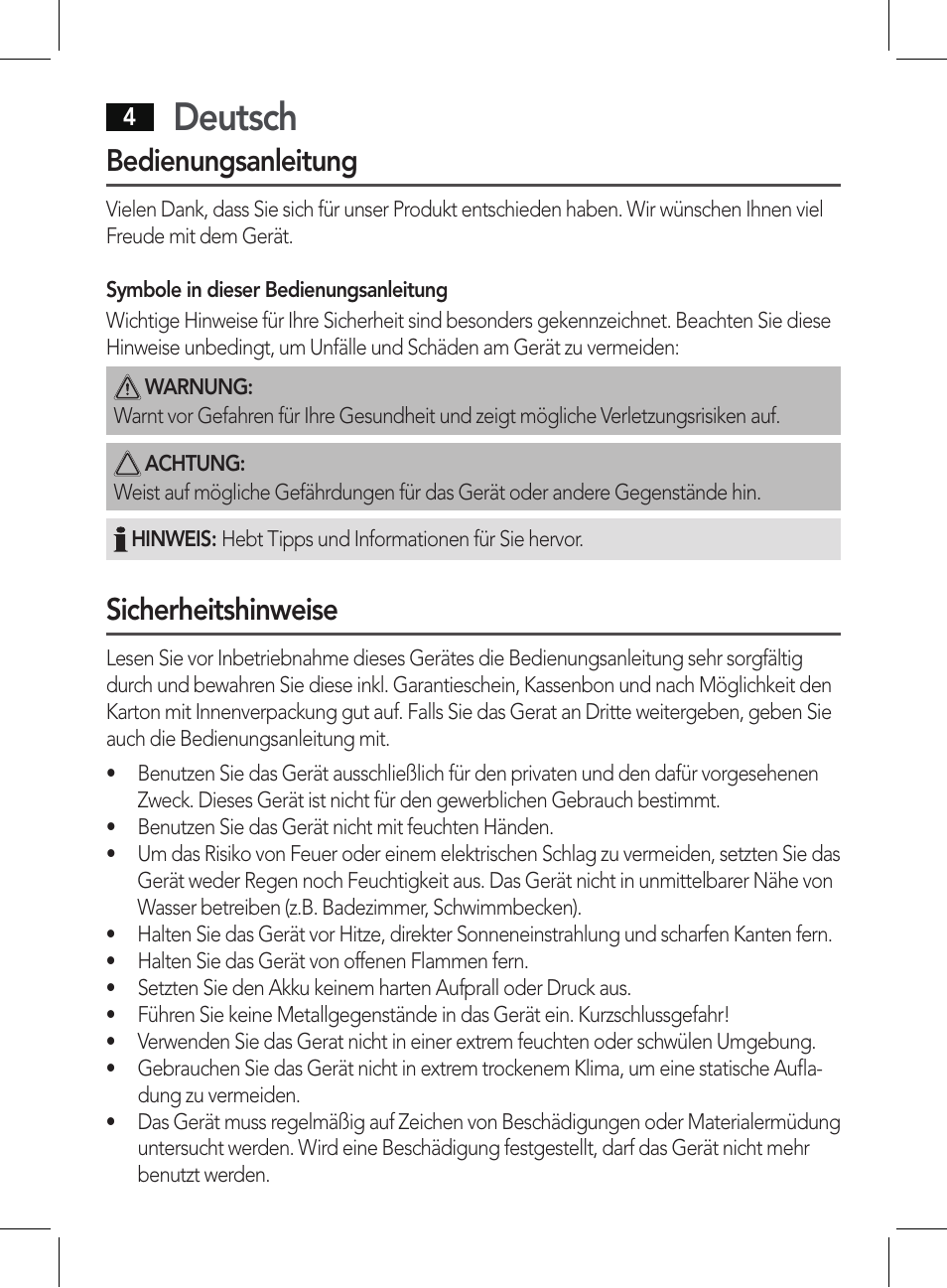 Deutsch, Bedienungsanleitung, Sicherheitshinweise | AEG BSS 4807 User Manual | Page 4 / 86