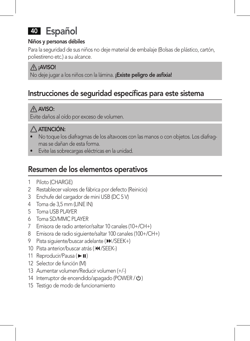Español, Resumen de los elementos operativos | AEG BSS 4807 User Manual | Page 40 / 86