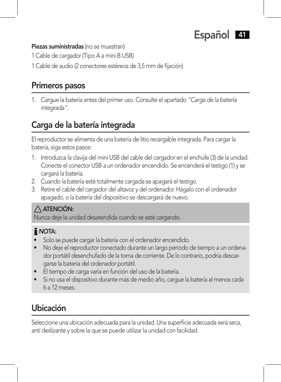 Español, Primeros pasos, Carga de la batería integrada | Ubicación | AEG BSS 4807 User Manual | Page 41 / 86