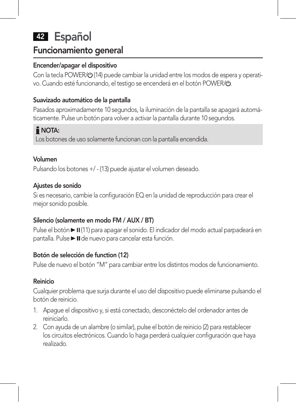 Español, Funcionamiento general | AEG BSS 4807 User Manual | Page 42 / 86