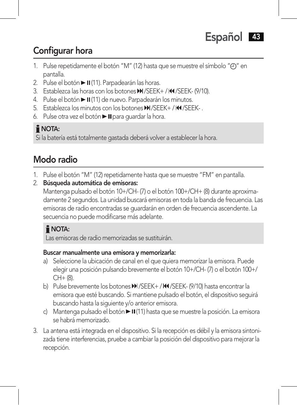 Español, Configurar hora, Modo radio | AEG BSS 4807 User Manual | Page 43 / 86