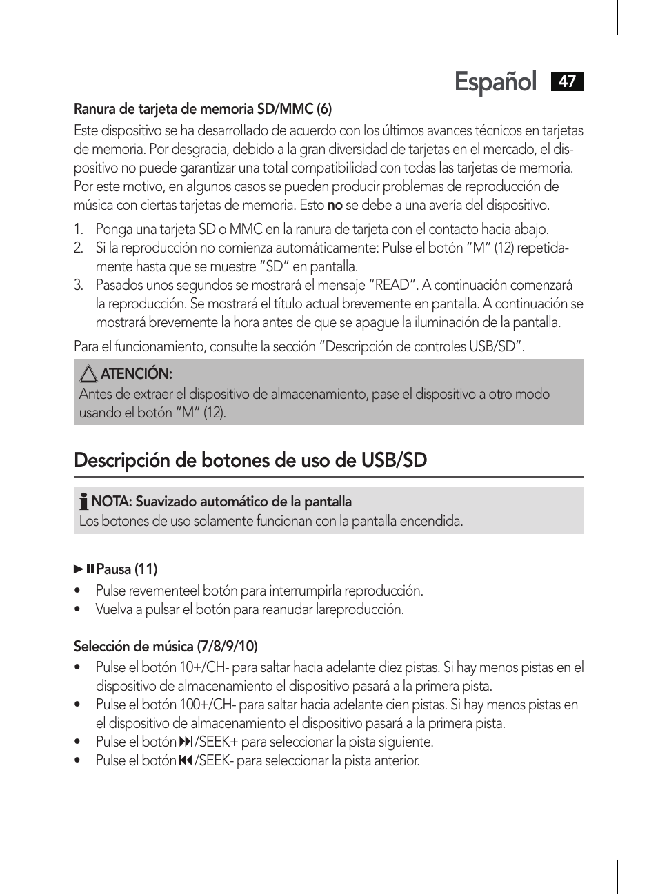Español, Descripción de botones de uso de usb/sd | AEG BSS 4807 User Manual | Page 47 / 86