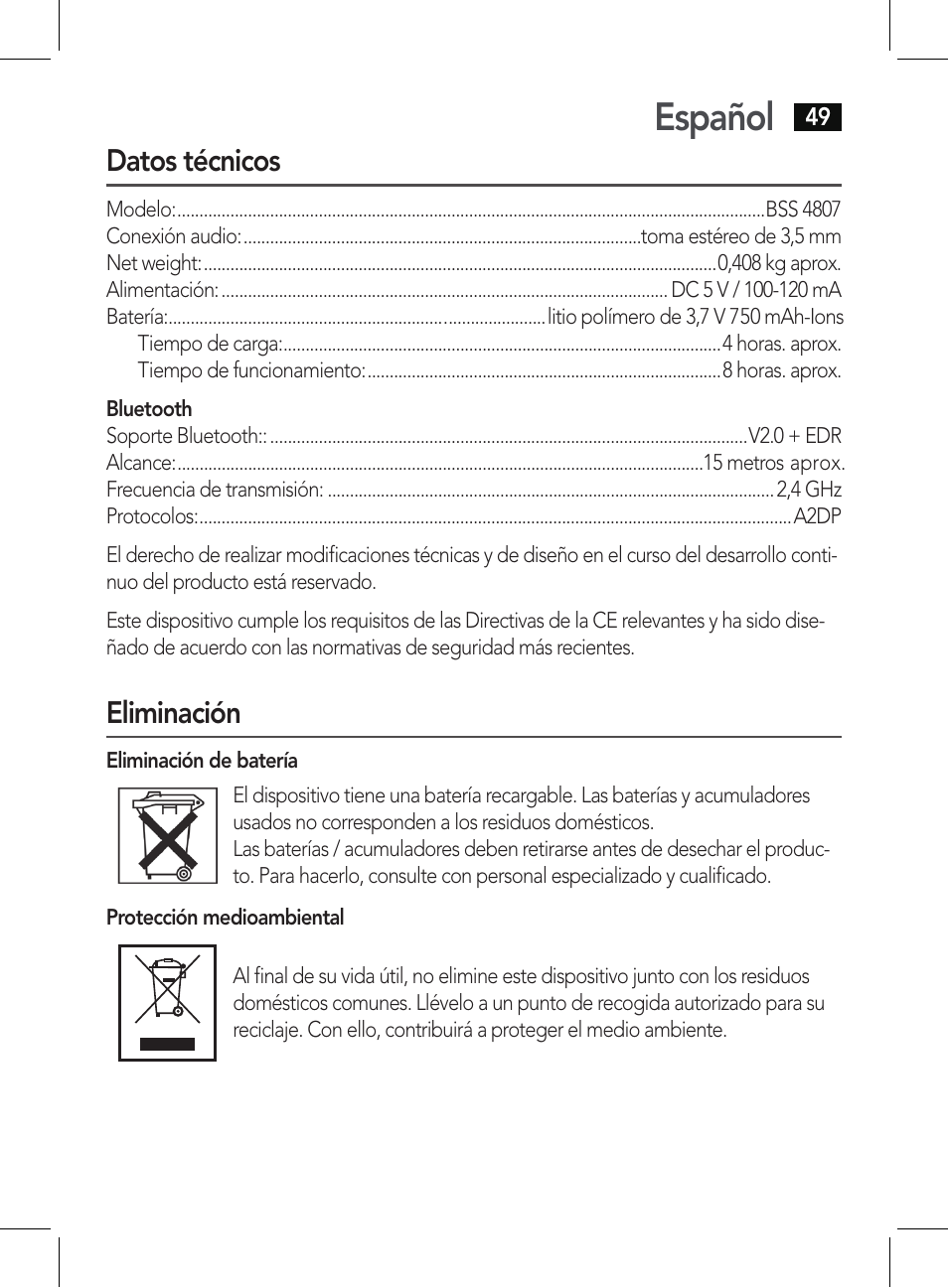 Español, Datos técnicos, Eliminación | AEG BSS 4807 User Manual | Page 49 / 86