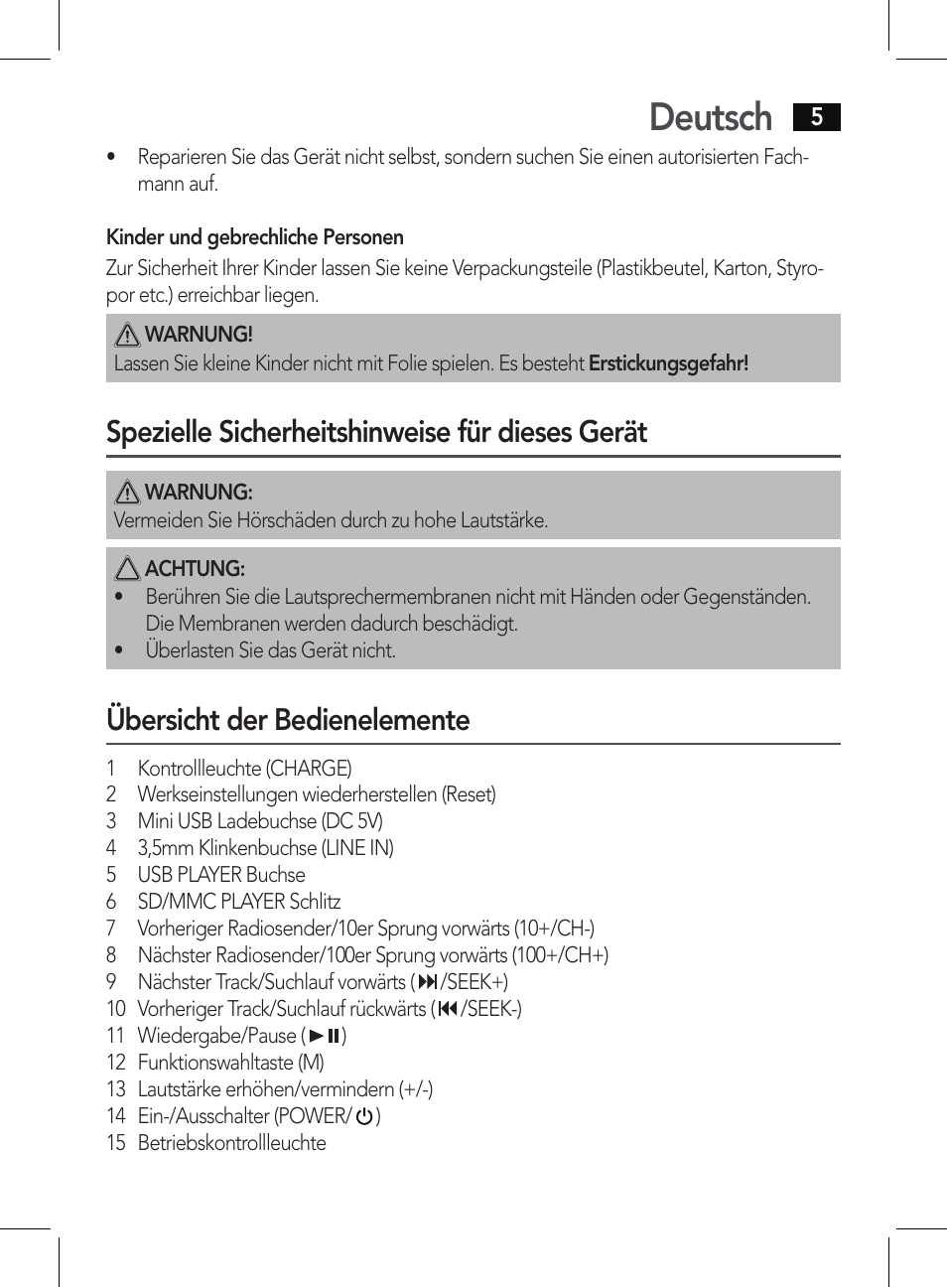 Deutsch, Spezielle sicherheitshinweise für dieses gerät, Übersicht der bedienelemente | AEG BSS 4807 User Manual | Page 5 / 86
