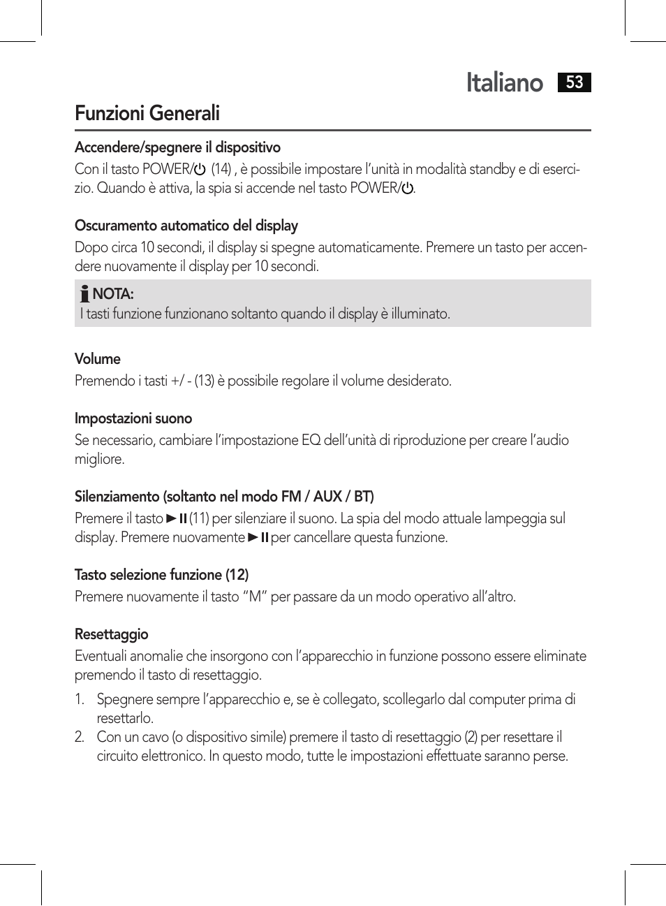 Italiano, Funzioni generali | AEG BSS 4807 User Manual | Page 53 / 86