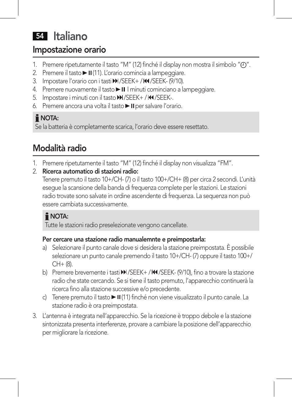 Italiano, Impostazione orario, Modalità radio | AEG BSS 4807 User Manual | Page 54 / 86