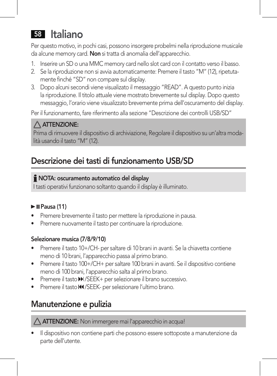 Italiano, Descrizione dei tasti di funzionamento usb/sd, Manutenzione e pulizia | AEG BSS 4807 User Manual | Page 58 / 86