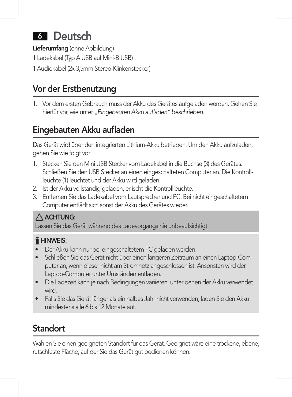 Deutsch, Vor der erstbenutzung, Eingebauten akku aufladen | Standort | AEG BSS 4807 User Manual | Page 6 / 86