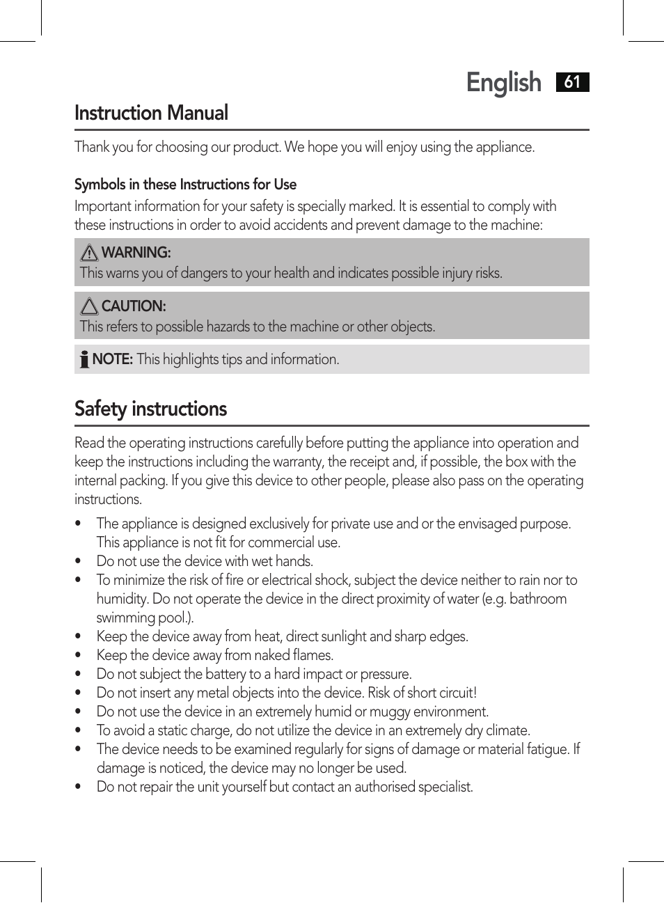 English, Instruction manual, Safety instructions | AEG BSS 4807 User Manual | Page 61 / 86