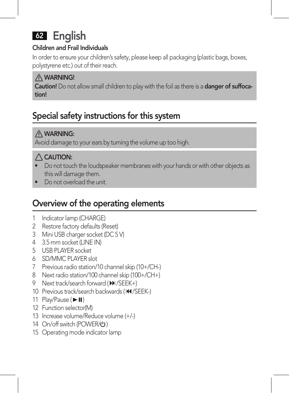 English, Special safety instructions for this system, Overview of the operating elements | AEG BSS 4807 User Manual | Page 62 / 86