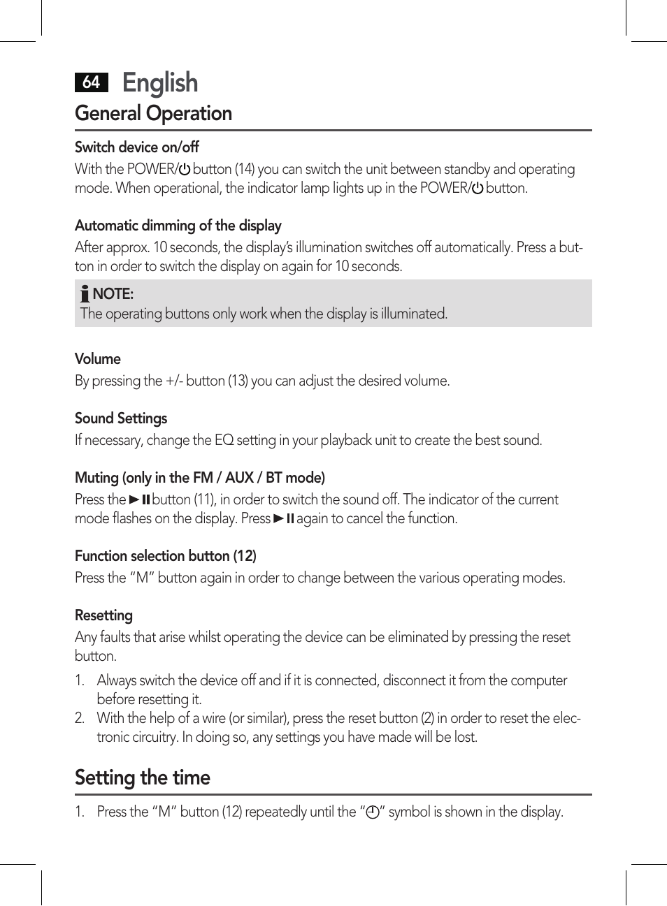 English, General operation, Setting the time | AEG BSS 4807 User Manual | Page 64 / 86