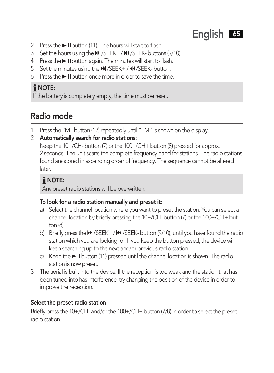 English, Radio mode | AEG BSS 4807 User Manual | Page 65 / 86