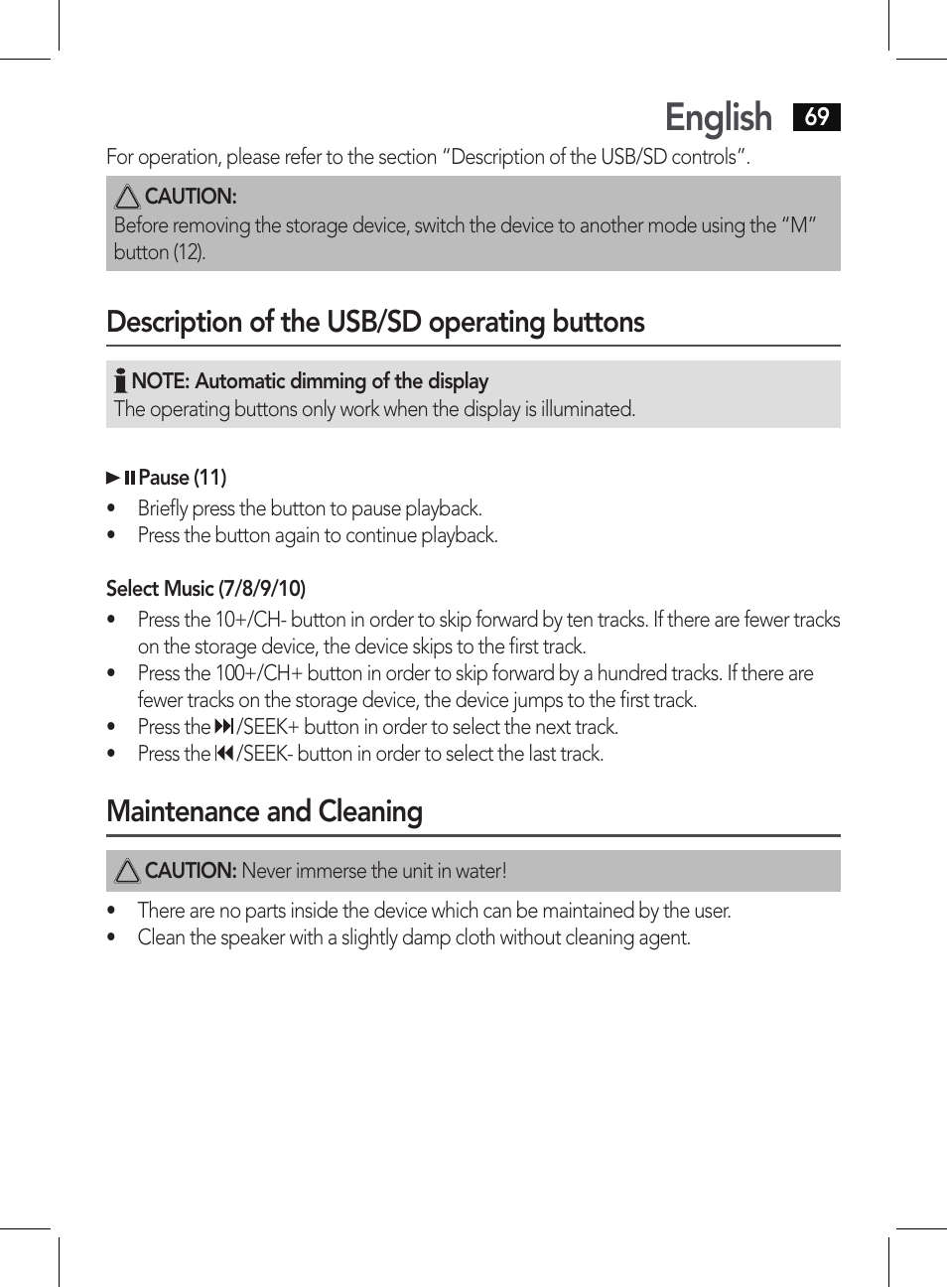 English, Description of the usb/sd operating buttons, Maintenance and cleaning | AEG BSS 4807 User Manual | Page 69 / 86