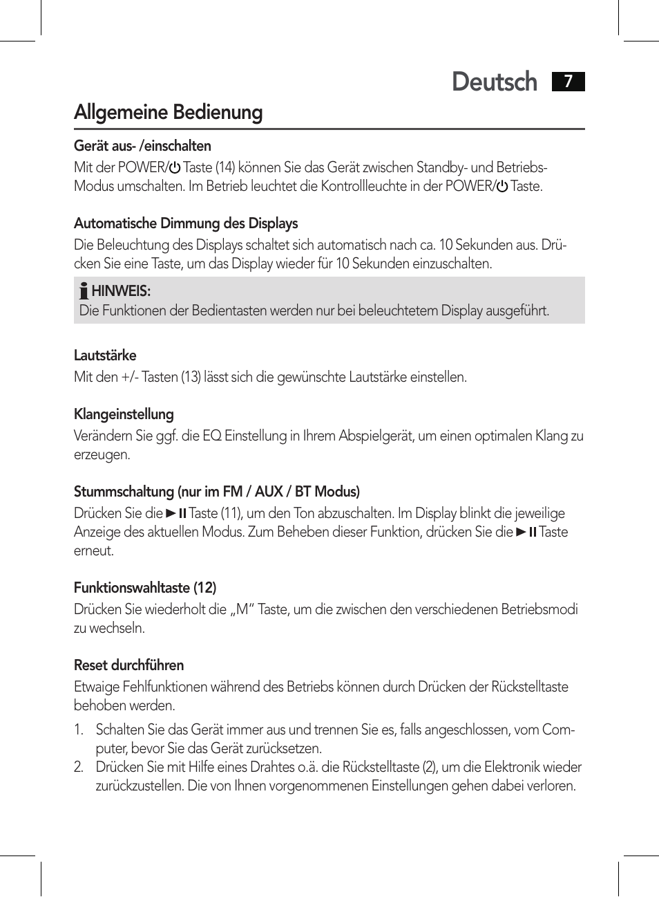 Deutsch, Allgemeine bedienung | AEG BSS 4807 User Manual | Page 7 / 86
