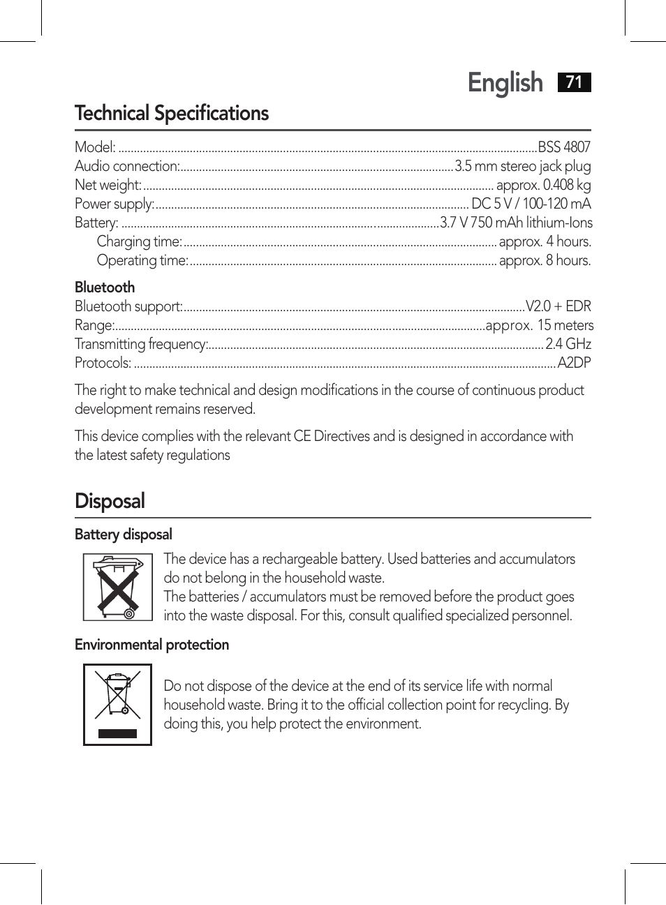 English, Technical specifications, Disposal | AEG BSS 4807 User Manual | Page 71 / 86
