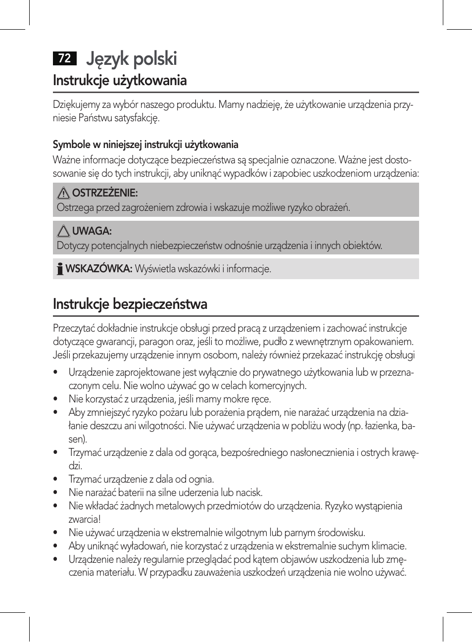 Język polski, Instrukcje użytkowania, Instrukcje bezpieczeństwa | AEG BSS 4807 User Manual | Page 72 / 86
