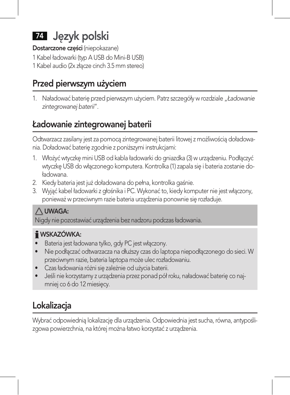Język polski, Przed pierwszym użyciem, Ładowanie zintegrowanej baterii | Lokalizacja | AEG BSS 4807 User Manual | Page 74 / 86