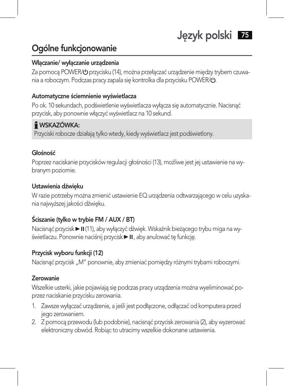 Język polski, Ogólne funkcjonowanie | AEG BSS 4807 User Manual | Page 75 / 86