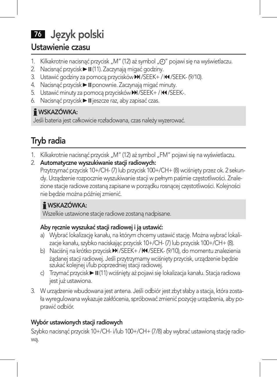 Język polski, Ustawienie czasu, Tryb radia | AEG BSS 4807 User Manual | Page 76 / 86