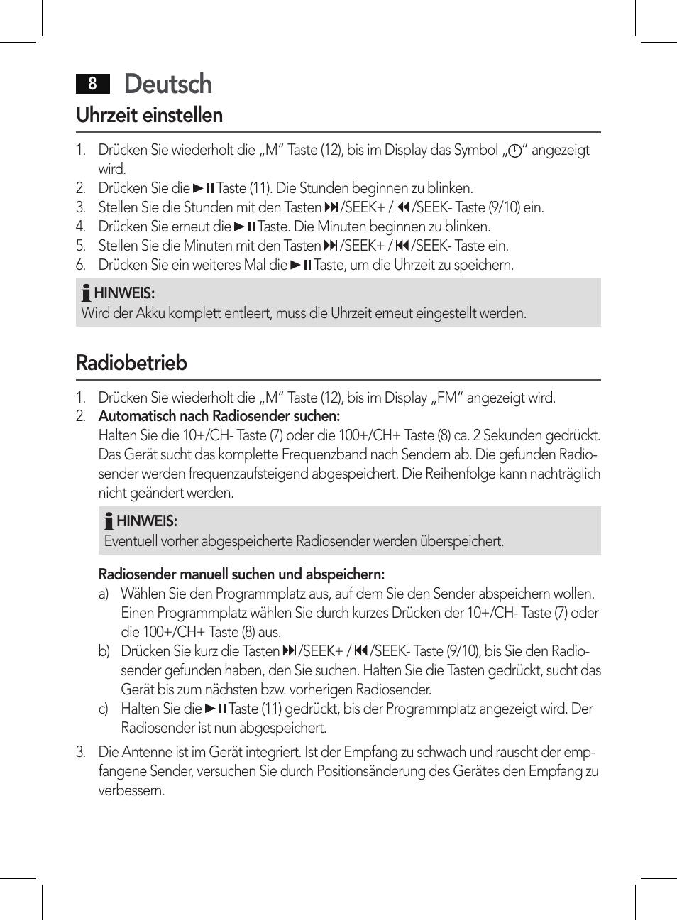 Deutsch, Uhrzeit einstellen, Radiobetrieb | AEG BSS 4807 User Manual | Page 8 / 86