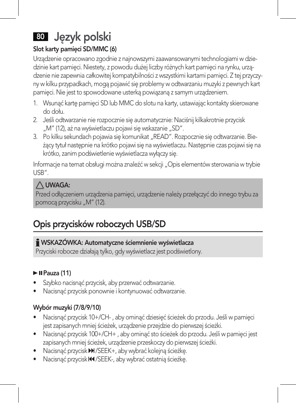 Język polski, Opis przycisków roboczych usb/sd | AEG BSS 4807 User Manual | Page 80 / 86