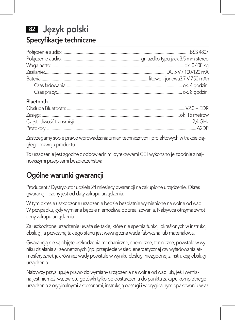 Język polski, Specyfikacje techniczne, Ogólne warunki gwarancji | AEG BSS 4807 User Manual | Page 82 / 86