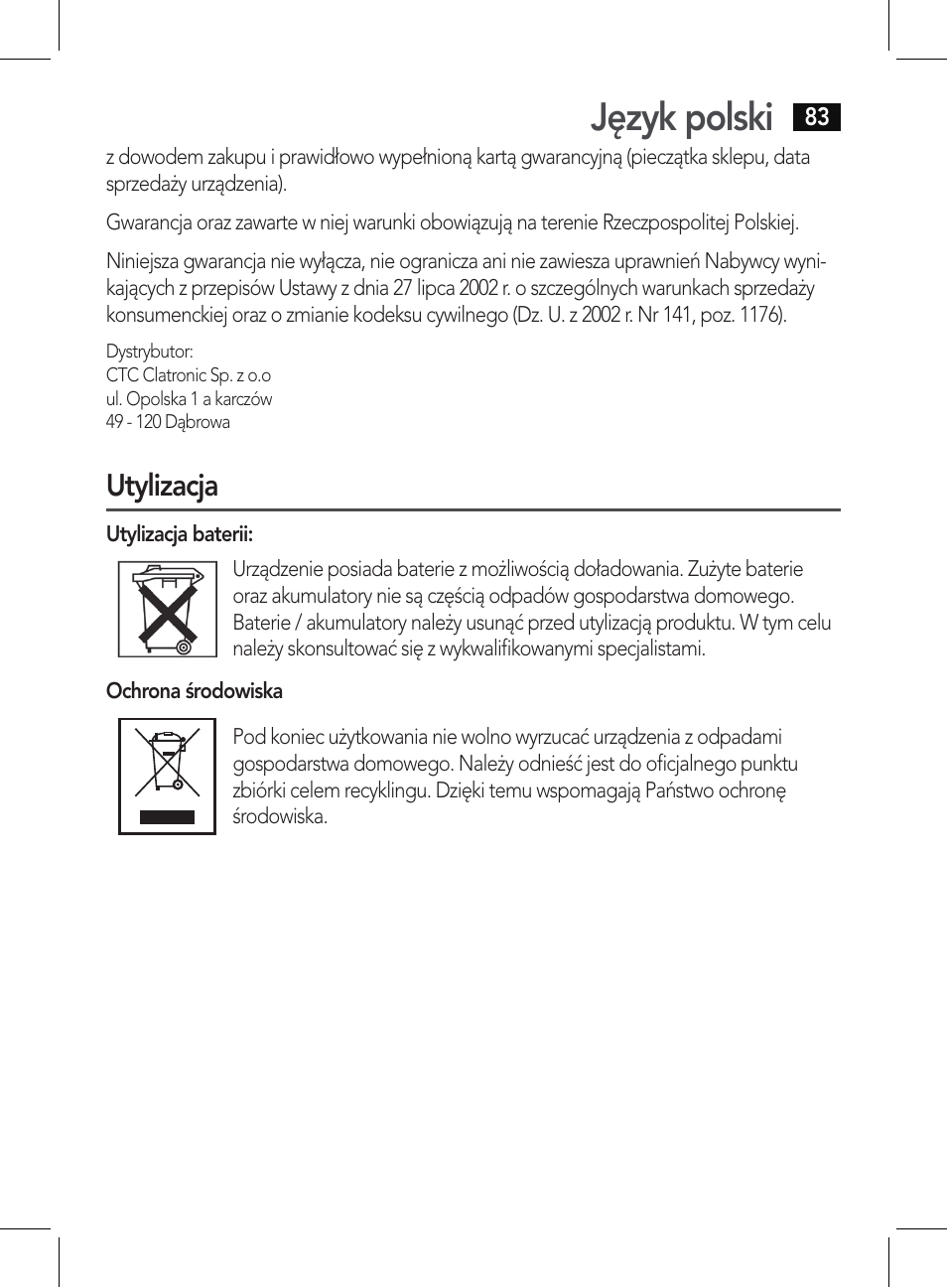 Język polski, Utylizacja | AEG BSS 4807 User Manual | Page 83 / 86