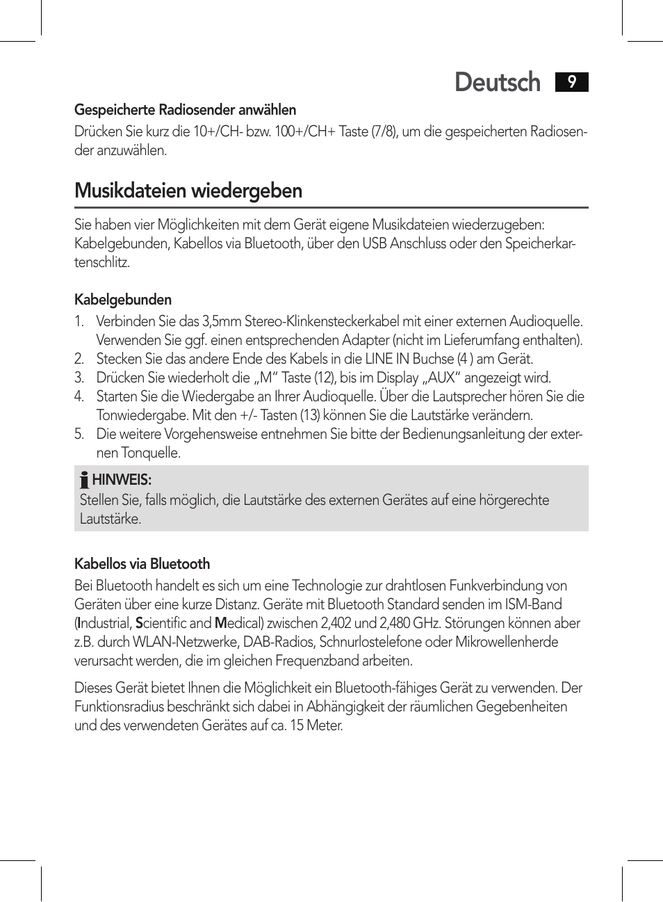 Deutsch, Musikdateien wiedergeben | AEG BSS 4807 User Manual | Page 9 / 86