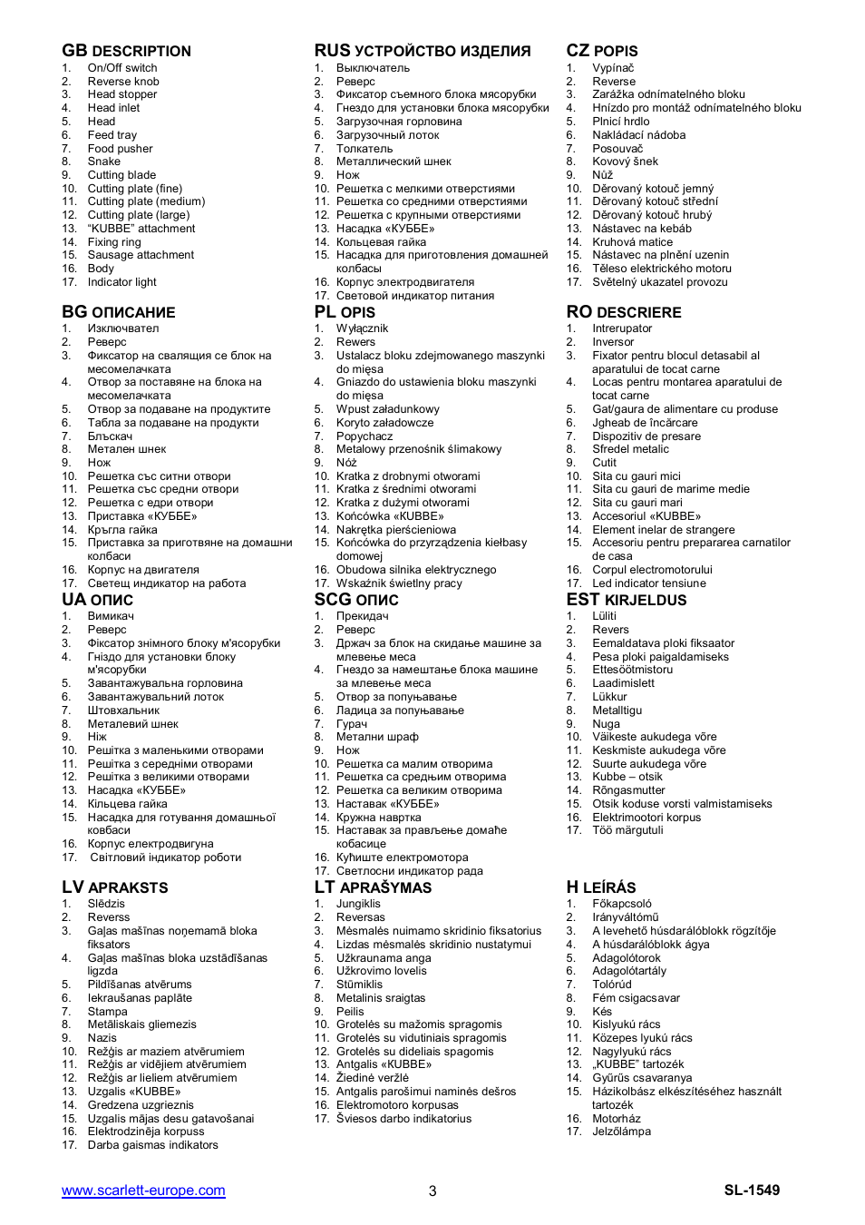 Rus cz, Bg pl, Ua scg est | Scarlett SL-1549 User Manual | Page 3 / 26