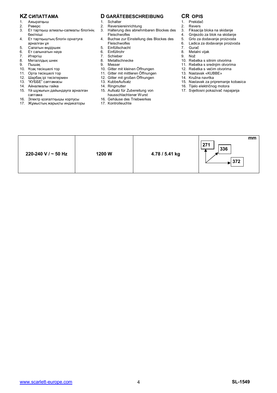 Kz d | Scarlett SL-1549 User Manual | Page 4 / 26